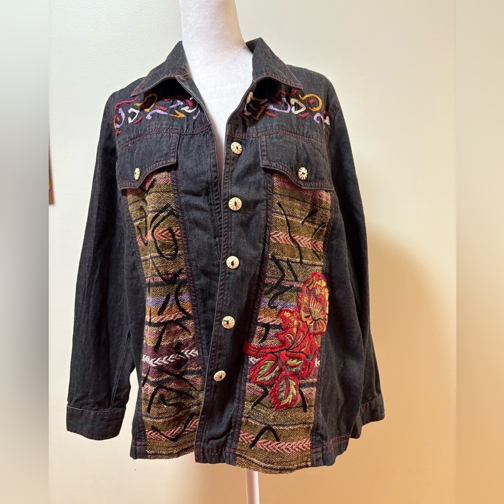 Alex Kin Patchwork Embroidered Jacket Gray Chambr… - image 1